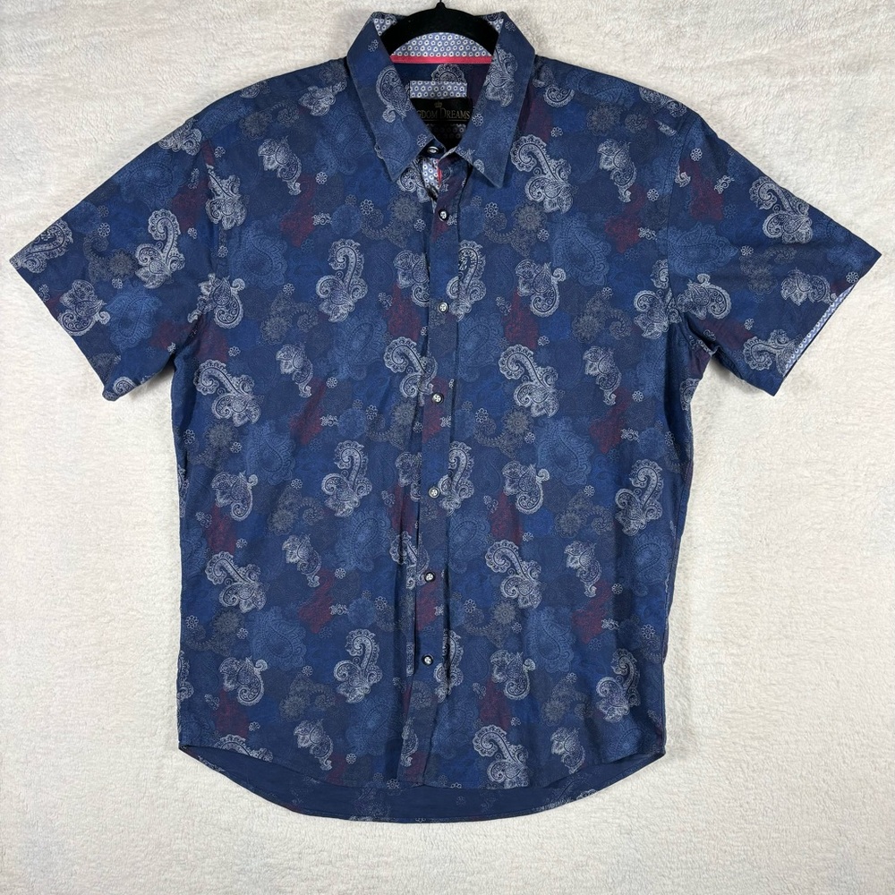 Men’s Short Sleeve Blue Paisley Print Button Down Shirt Sz XXL 100% Cotton EUC